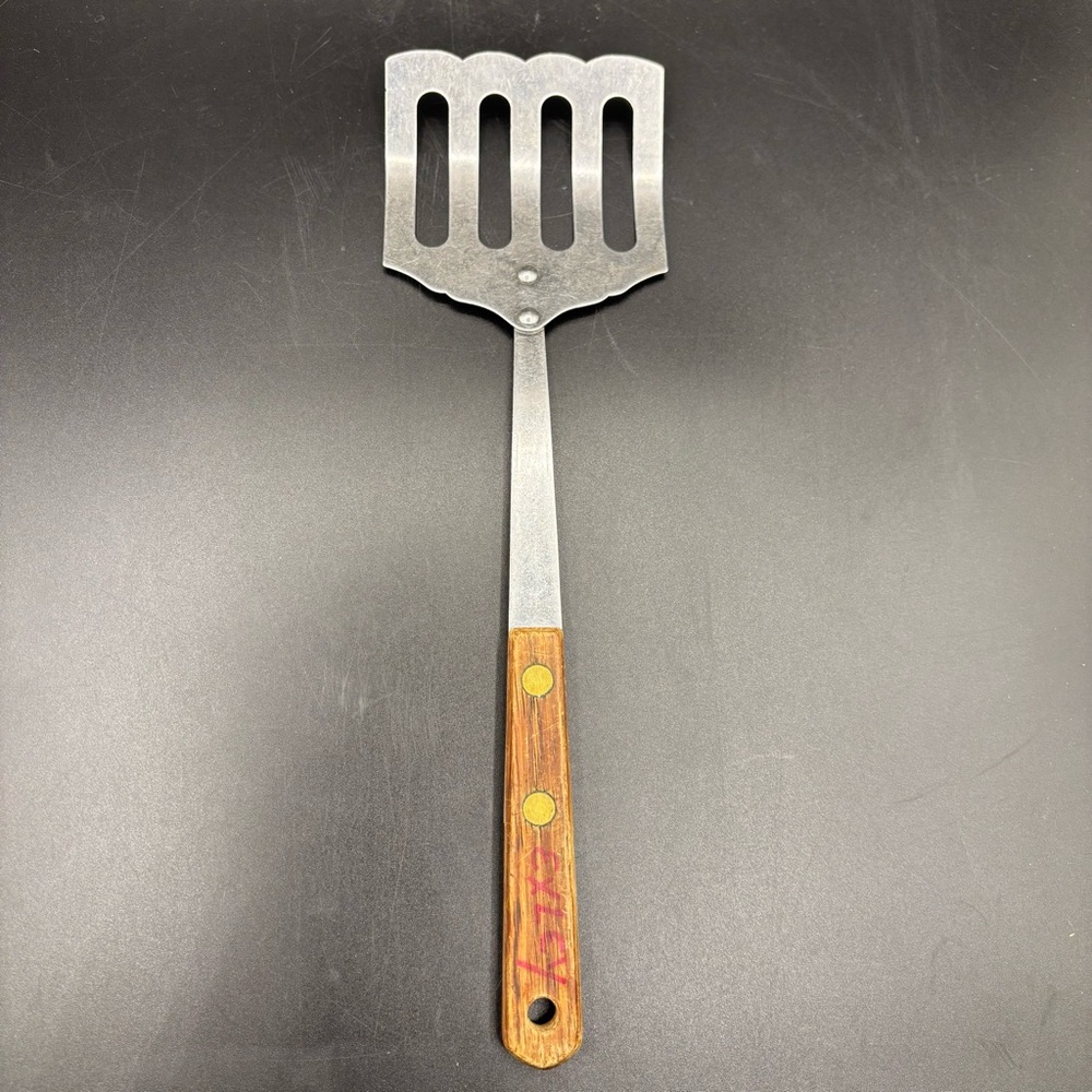 Robinson USA Spatula Wood Handle Slotted Stainless Strainer Curved Marked 12"
